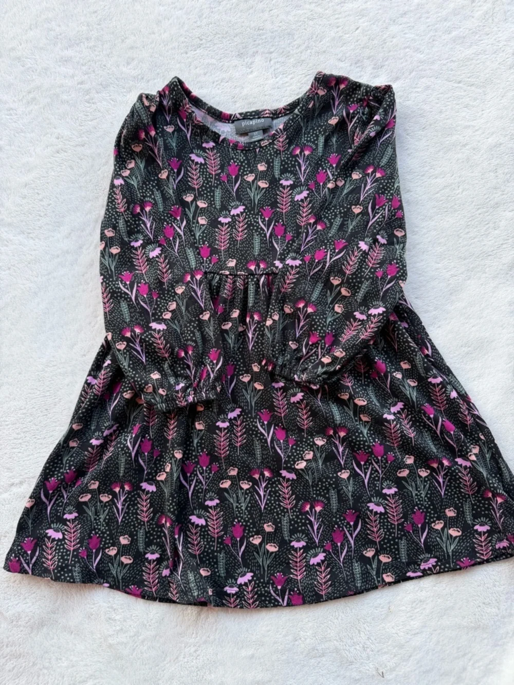 Girls' Black Floral Long-Sleeve Casual Dress with Pink Accents Size 3T